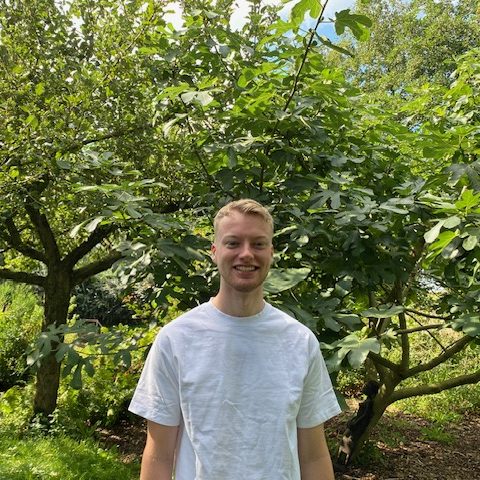 Jonge man in een witte T-shirt, staande tussen groene bomen en planten.